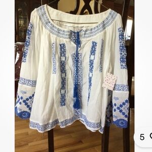 NWT Free People Ivory & Blue Bohemian Peasant Top